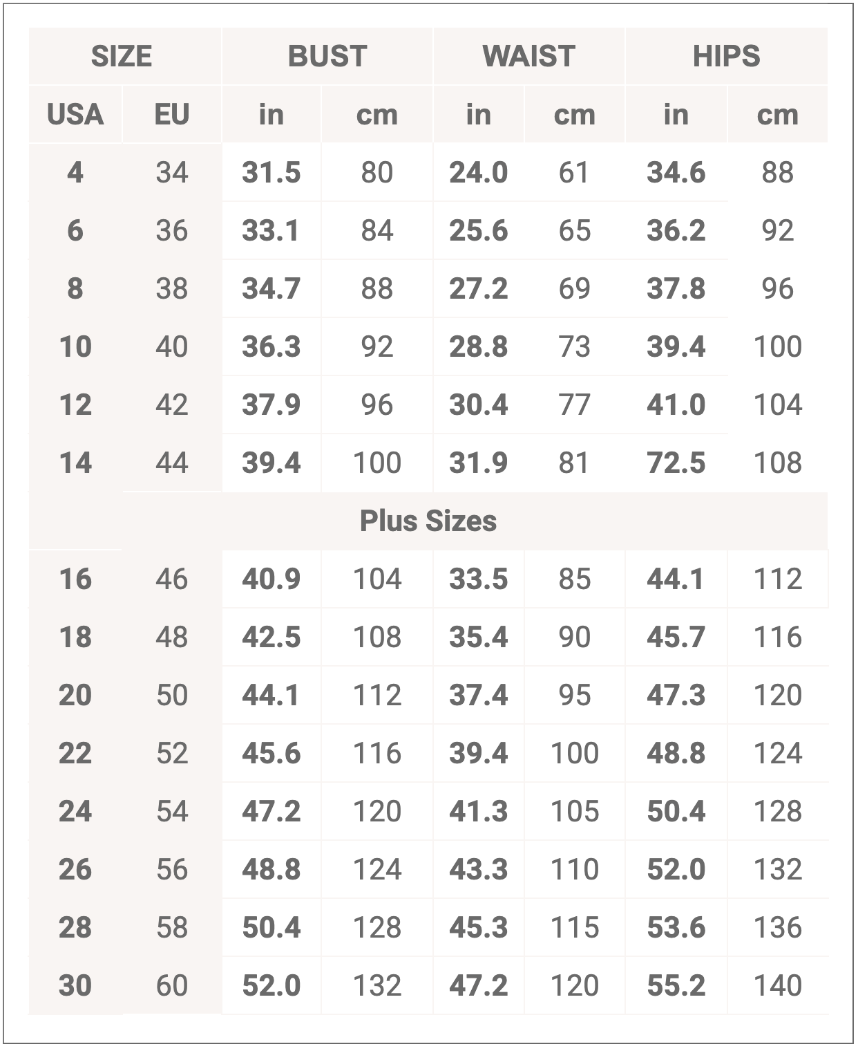anna sposa chart size