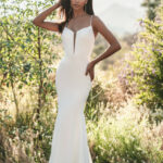Hit all the right angles in this chic crepe sheath gown. Dress Details Fabric Strech Jersey Lining Crepe Buttons down back of train ALLURE ROMANCE R3711 1