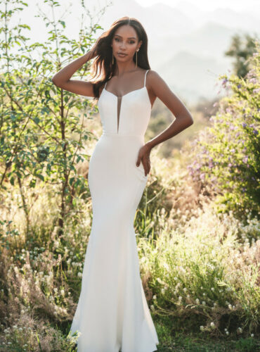 Hit all the right angles in this chic crepe sheath gown. Dress Details Fabric Strech Jersey Lining Crepe Buttons down back of train ALLURE ROMANCE R3711 1