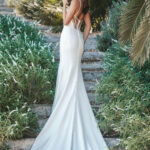 Hit all the right angles in this chic crepe sheath gown. Dress Details Fabric Strech Jersey Lining Crepe Buttons down back of train ALLURE ROMANCE R3711 6