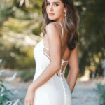 Hit all the right angles in this chic crepe sheath gown. Dress Details Fabric Strech Jersey Lining Crepe Buttons down back of train ALLURE ROMANCE R3711 7