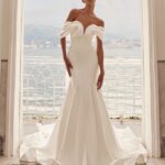 olya mak charmy draped off shoulder mermaid long train crepe wedding dress 02