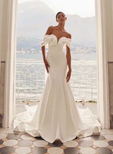 olya mak charmy draped off shoulder mermaid long train crepe wedding dress 02