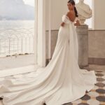 olya mak charmy draped off shoulder mermaid long train crepe wedding dress 03