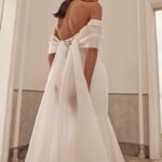 olya mak charmy draped off shoulder mermaid long train crepe wedding dress 05