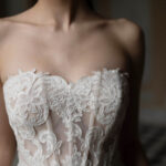 Fabric is Lace & Tulle, silhouette is Ball Gown, neckline is Sweetheart, sleeve style is Strapless, train is Chapel, waistline is Basque, embellishment is Floral Lace Appliqué, back is Corset Back, color is Champagne/Ivory/Nude, style is Romantic Couture, Sheer bodice, pockets