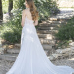 Fabric is Chiffon & Lace, silhouette is A-line, neckline is Sweetheart, sleeve style is Spaghetti Straps, train is Chapel, waistline is Natural, embellishment is Beaded Lace Appliqué, back is Low Scoop with Buttons, color is Ivory/Champagne/Nude, style is Romantic Garden, Lightweight, ethereal flow