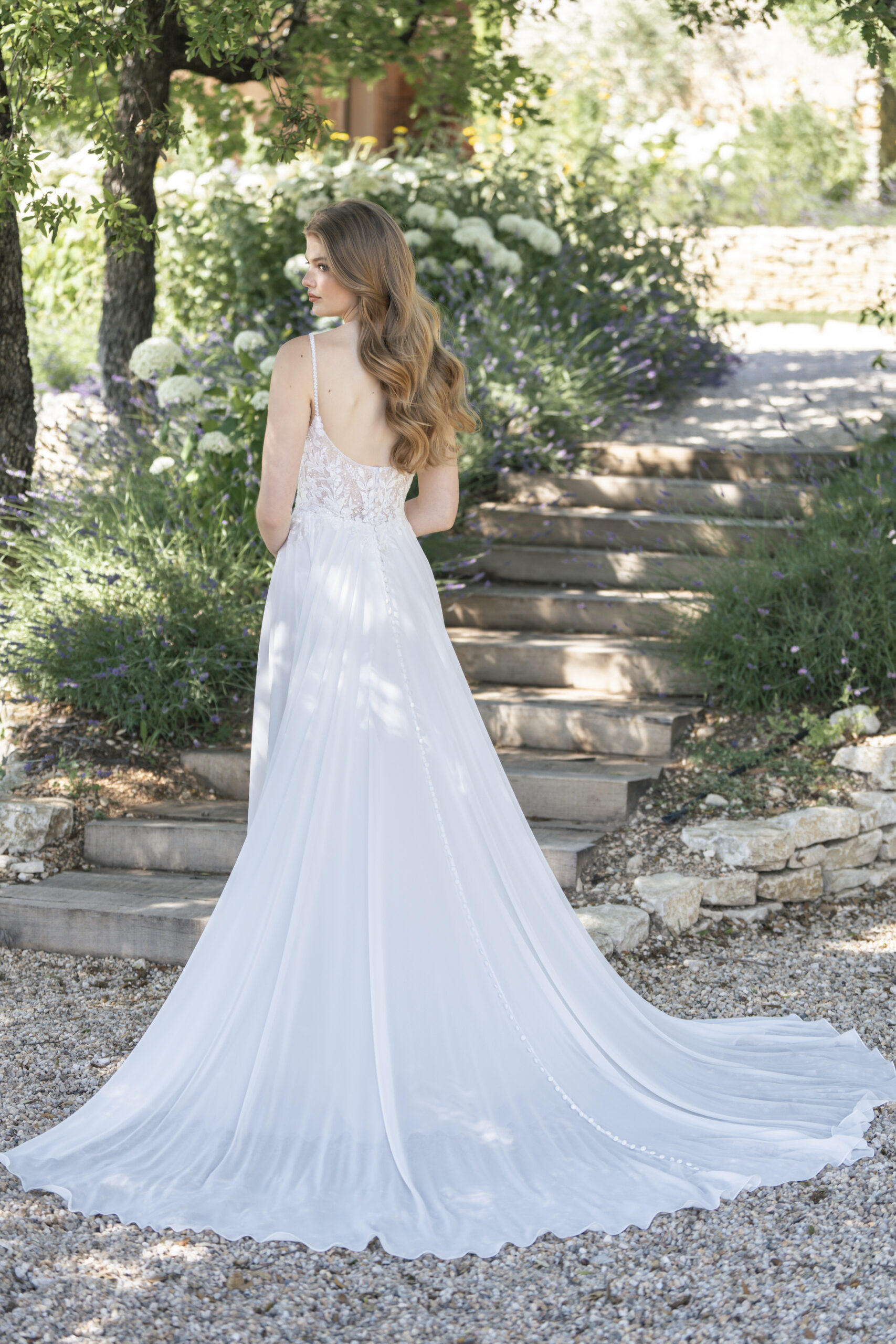 R3808 03 Fabric is Chiffon & Lace, silhouette is A-line, neckline is Sweetheart, sleeve style is Spaghetti Straps, train is Chapel, waistline is Natural, embellishment is Beaded Lace Appliqué, back is Low Scoop with Buttons, color is Ivory/Champagne/Nude, style is Romantic Garden, Lightweight, ethereal flow