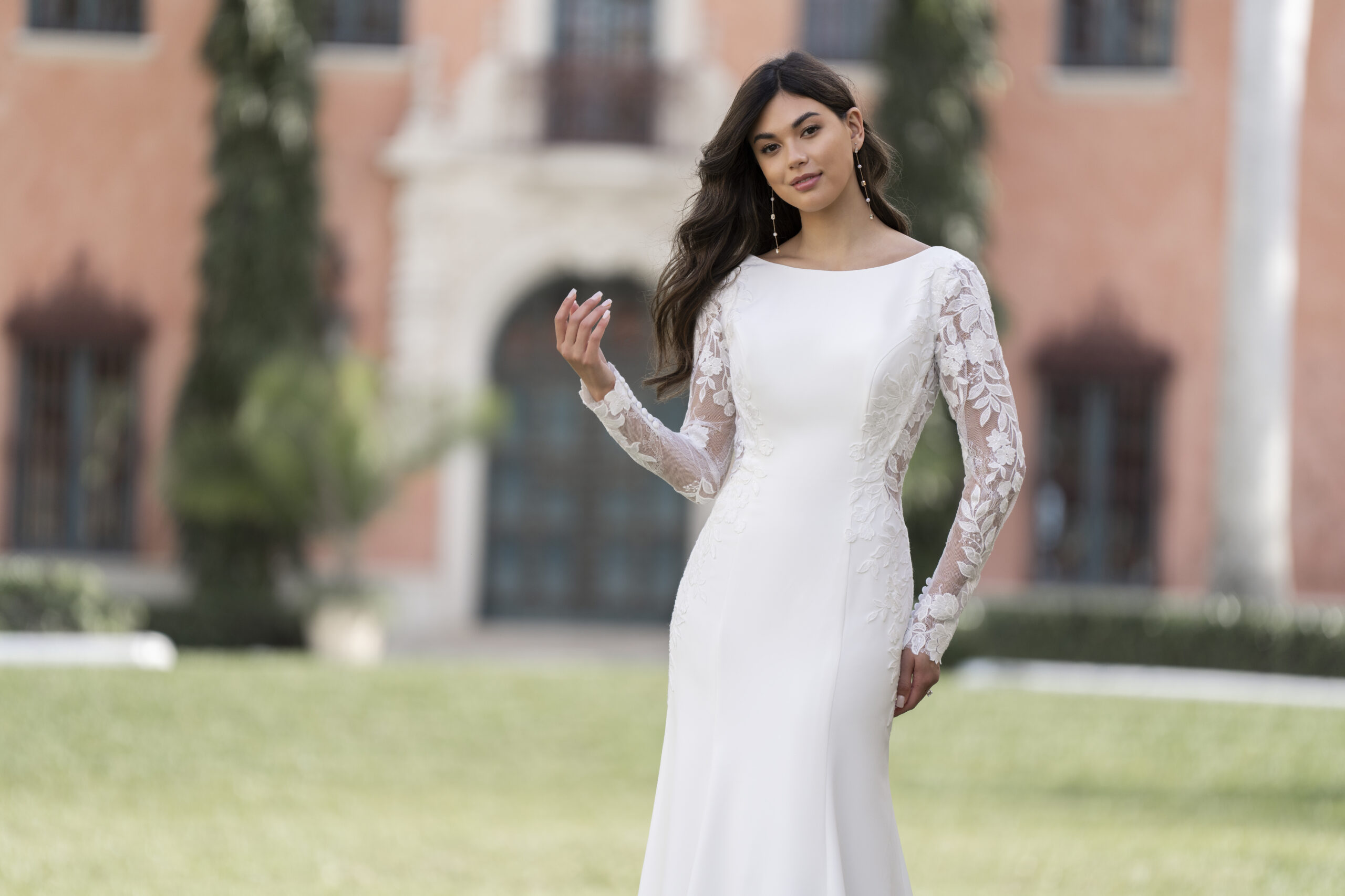 R3851 02 Fabric is Crepe & Lace, silhouette is Sheath, neckline is High Neckline, sleeve style is Long Lace, train is Sweep Train, waistline is Natural, embellishment is Lace Appliqué, back is Low Scoop, color is Ivory/Nude, style is Minimalist Elegance, Buttons down the back
