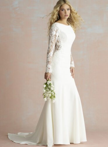 Fabric is Crepe & Lace, silhouette is Sheath, neckline is High Neckline, sleeve style is Long Lace, train is Sweep Train, waistline is Natural, embellishment is Lace Appliqué, back is Low Scoop, color is Ivory/Nude, style is Minimalist Elegance, Buttons down the back