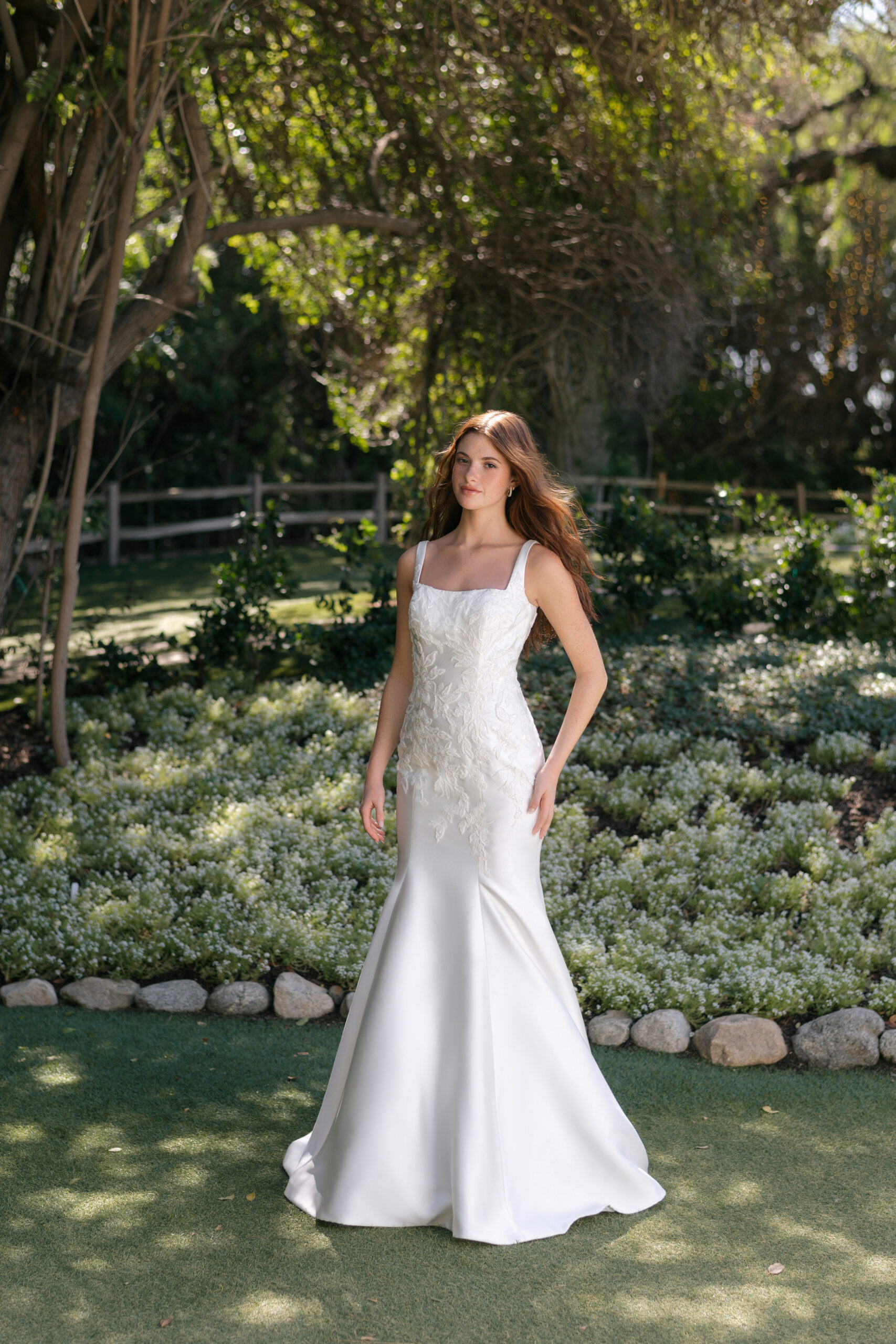 R3908 01 Fabric is Satin, silhouette is Fit and Flare, neckline is Square, sleeve style is Tank Straps, train is Chapel, waistline is Natural, embellishment is Beaded Lace Appliqué, back is Scoop with Buttons, color is Ivory, style is Modern Classic, Clean lines, elegant structure, subtle shimmer