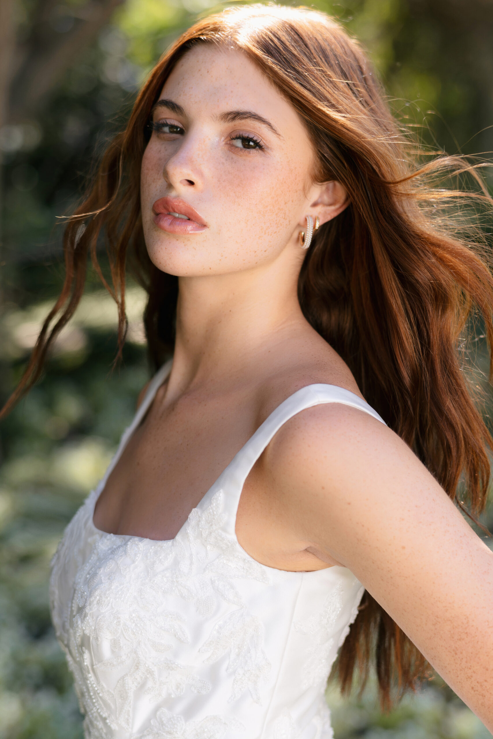 R3908 06 Fabric is Satin, silhouette is Fit and Flare, neckline is Square, sleeve style is Tank Straps, train is Chapel, waistline is Natural, embellishment is Beaded Lace Appliqué, back is Scoop with Buttons, color is Ivory, style is Modern Classic, Clean lines, elegant structure, subtle shimmer