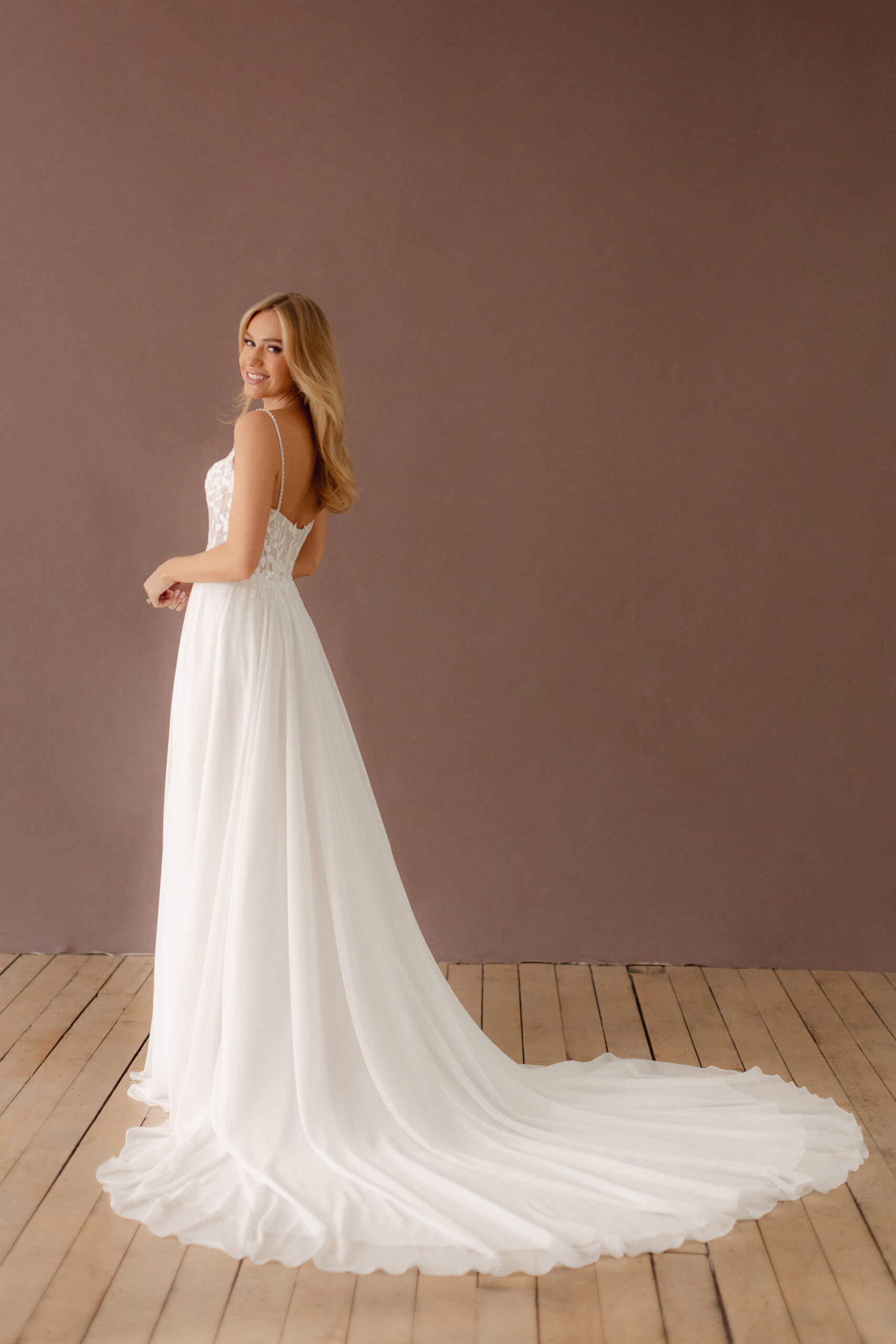 X155 Studio 03 Fabric is Chiffon & Lace, silhouette is A-line, neckline is Scoop, sleeve style is Spaghetti Straps, train is Chapel, waistline is Natural, embellishment is Floral Lace Appliqué, back is Low Back, color is Ivory, style is Romantic Boho, Sheer bodice, Light sparkle