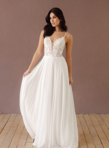 Fabric is Chiffon & Lace, silhouette is A-line, neckline is Plunging V, sleeve style is Spaghetti Straps, train is Sweep Train, waistline is Natural Waist, embellishment is Floral Appliqué, Sequins, back is Deep V, Sheer Illusion, color is Soft White / Ivory, style is Romantic Boho, Light, flowy, comfortable
