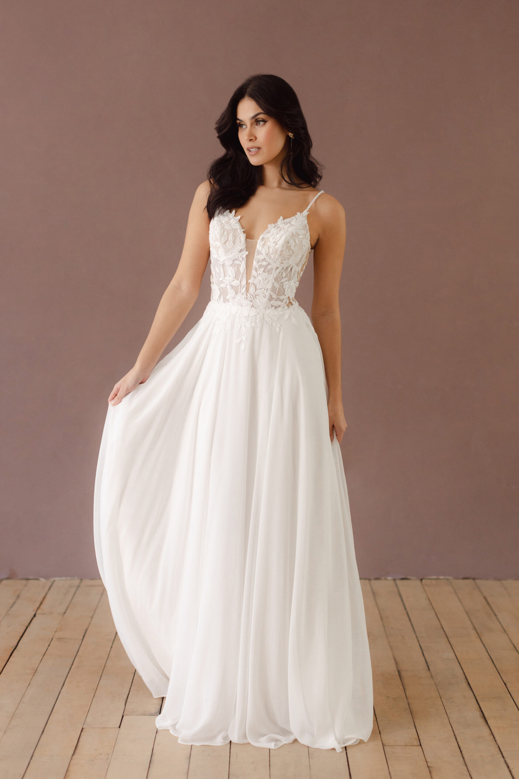 Fabric is Chiffon & Lace, silhouette is A-line, neckline is Plunging V, sleeve style is Spaghetti Straps, train is Sweep Train, waistline is Natural Waist, embellishment is Floral Appliqué, Sequins, back is Deep V, Sheer Illusion, color is Soft White / Ivory, style is Romantic Boho, Light, flowy, comfortable