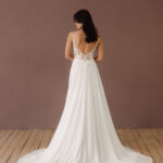 Fabric is Chiffon & Lace, silhouette is A-line, neckline is Plunging V, sleeve style is Spaghetti Straps, train is Sweep Train, waistline is Natural Waist, embellishment is Floral Appliqué, Sequins, back is Deep V, Sheer Illusion, color is Soft White / Ivory, style is Romantic Boho, Light, flowy, comfortable