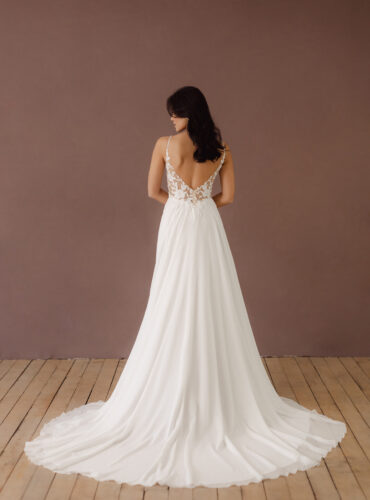 Fabric is Chiffon & Lace, silhouette is A-line, neckline is Plunging V, sleeve style is Spaghetti Straps, train is Sweep Train, waistline is Natural Waist, embellishment is Floral Appliqué, Sequins, back is Deep V, Sheer Illusion, color is Soft White / Ivory, style is Romantic Boho, Light, flowy, comfortable