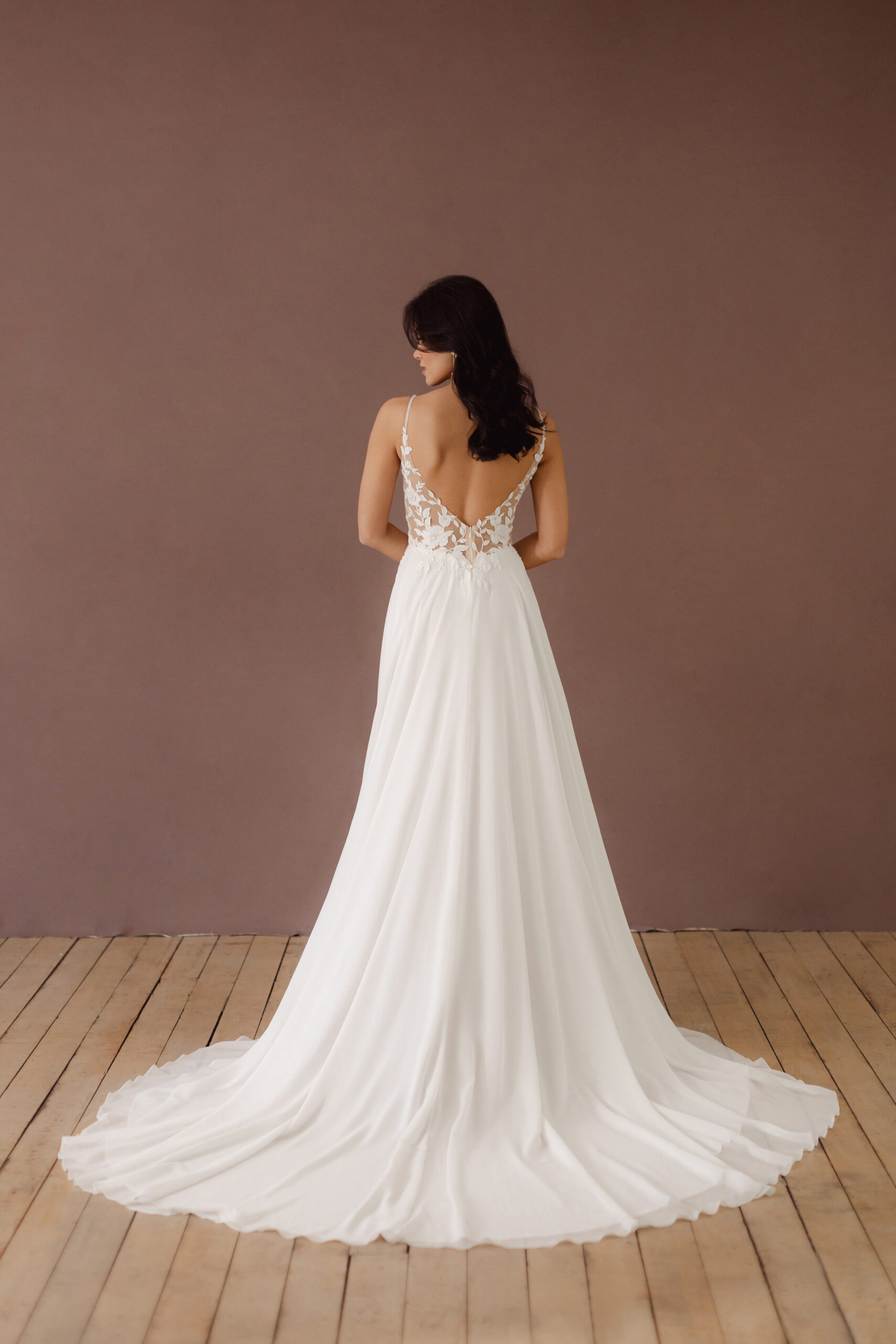 Fabric is Chiffon & Lace, silhouette is A-line, neckline is Plunging V, sleeve style is Spaghetti Straps, train is Sweep Train, waistline is Natural Waist, embellishment is Floral Appliqué, Sequins, back is Deep V, Sheer Illusion, color is Soft White / Ivory, style is Romantic Boho, Light, flowy, comfortable