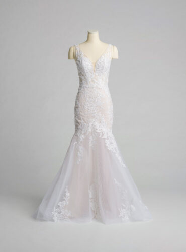 Fabric is Tulle & Lace, silhouette is Mermaid, neckline is Plunge V-neck, sleeve style is Sleeveless, train is Chapel, waistline is Natural, embellishment is Floral Lace Appliqué, back is Low Scoop, color is Ivory/Nude, style is Sexy Glam, Illusion bodice, fitted through hips, romantic floral detail