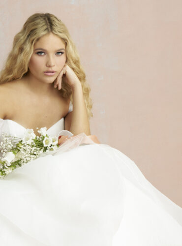 Fabric is Crushed organza, silhouette is Ballgown, neckline is Sweetheart, sleeve style is Off-shoulder, train is Chapel, waistline is Natural, embellishment is Layered skirt, back is V-back, color is Ivory, style is Romantic classic, Handkerchief hem