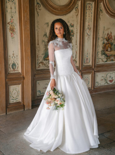 Fabric is Tulle / Lace, silhouette is Fitted jacket, neckline is Mock Neck, sleeve style is Long Sheer, train is None, waistline is Natural, embellishment is Floral Lace, back is Buttoned back, color is Ivory, style is Romantic Vintage, Sheer illusion overlay jacket for strapless gowns