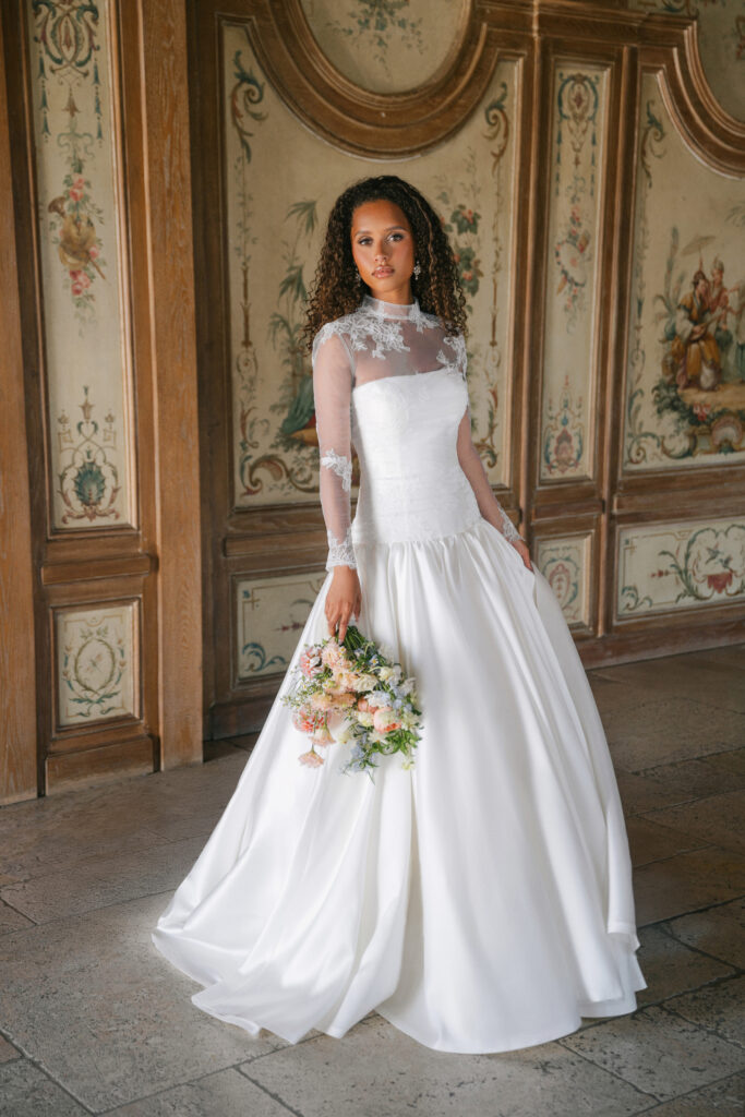 Fabric is Tulle / Lace, silhouette is Fitted jacket, neckline is Mock Neck, sleeve style is Long Sheer, train is None, waistline is Natural, embellishment is Floral Lace, back is Buttoned back, color is Ivory, style is Romantic Vintage, Sheer illusion overlay jacket for strapless gowns