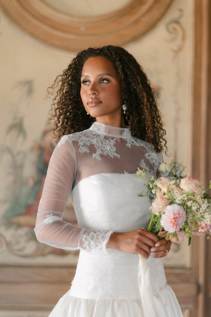 Fabric is Tulle / Lace, silhouette is Fitted jacket, neckline is Mock Neck, sleeve style is Long Sheer, train is None, waistline is Natural, embellishment is Floral Lace, back is Buttoned back, color is Ivory, style is Romantic Vintage, Sheer illusion overlay jacket for strapless gowns